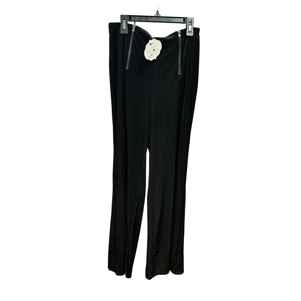 Lush Ribbed Velvet Long Slit Pants Black Zipper Detail Women's Size M